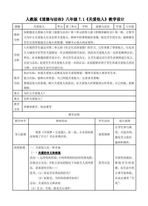 部编人教版初中八年级上册道德与法治《第七课积极奉献社会：关爱他人》优课教学设计_1