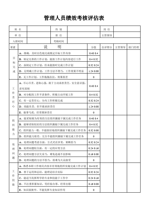 管理人员绩效考核评估表