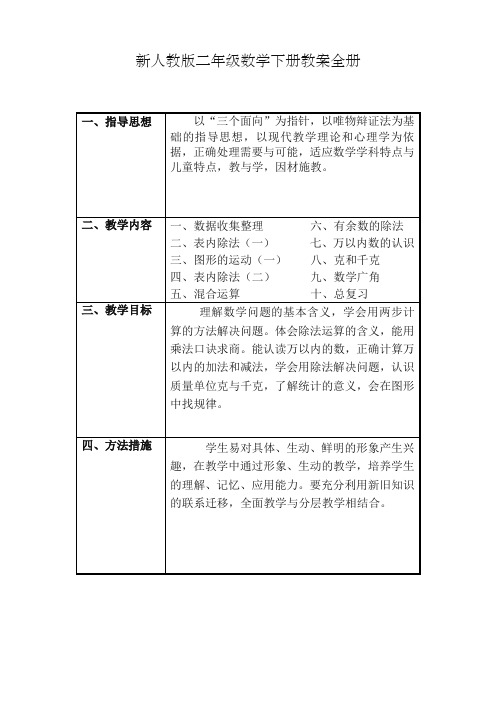 2019-2020学年新人教版二年级数学下册教学计划及全册表格式教案 3