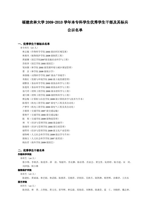 福建农林大学2009-2010学年本专科学生优秀学生干部及其标兵