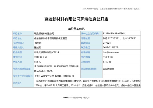 联泓新材料有限公司环境信息公开表