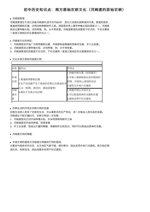 初中历史知识点：南方原始农耕文化（河姆渡的原始农耕）