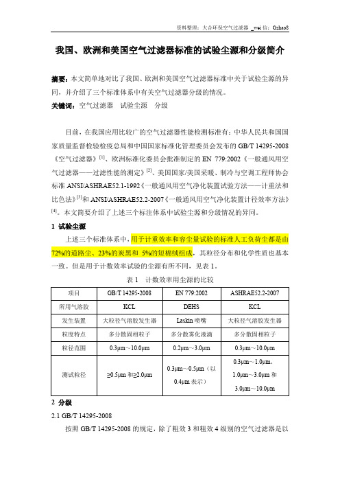 我国、欧洲和美国空气过滤器标准的试验尘源和分级简介