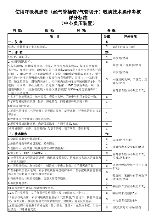 使用呼吸机患者(经气管插管气管切开)吸痰技术操作考核评分标准(中心负压装置)