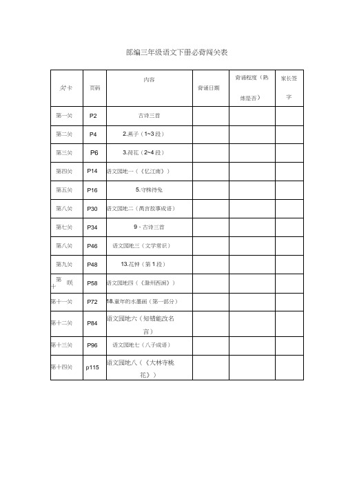 部编版三下语文必背内容及闯关表word精品