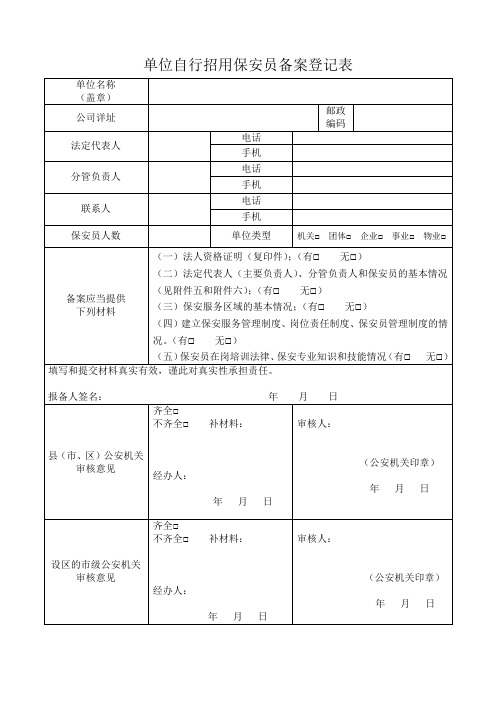 单位自行招用保安员备案登记表