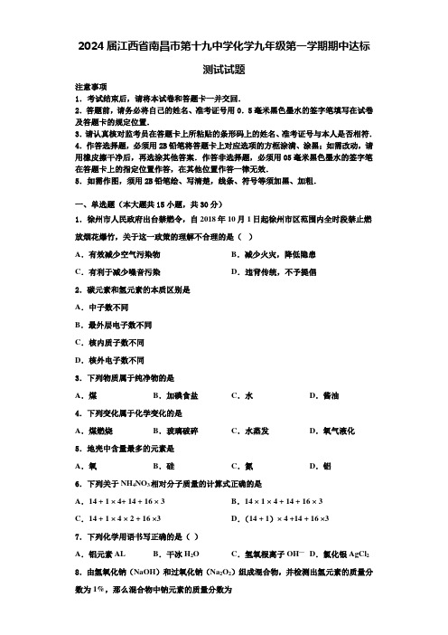 2024届江西省南昌市第十九中学化学九年级第一学期期中达标测试试题含解析