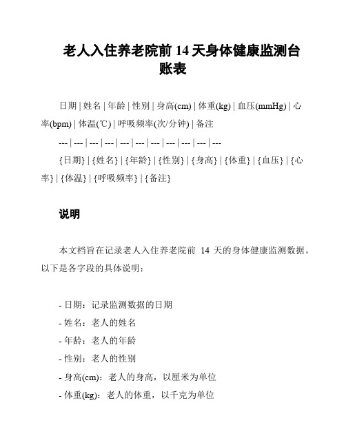 老人入住养老院前14天身体健康监测台账表