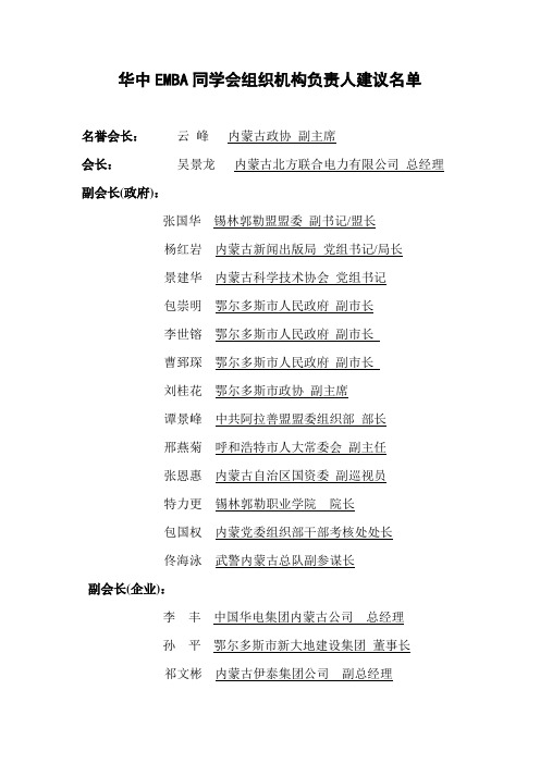 华中EMBA同学会组织机构负责人建议名单