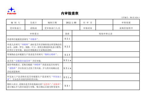 采购控制程序 内审检查表
