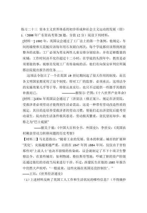 练习二十三 资本主义世界体系的初步形成和社会主义运动的发展(Ⅲ)