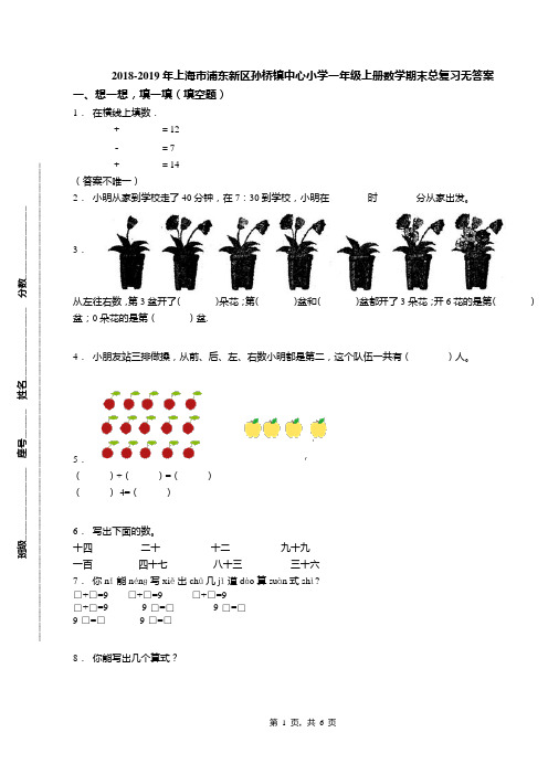 2018-2019年上海市浦东新区孙桥镇中心小学一年级上册数学期末总复习无答案