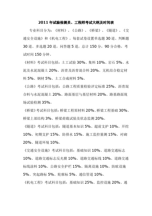 2011年试验检测员、工程师考试大纲及时间表