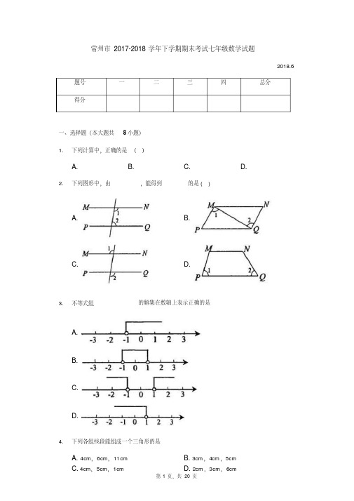 江苏省常州市2017-2018学年下学期期末考试七年级数学试题(含详细答案)