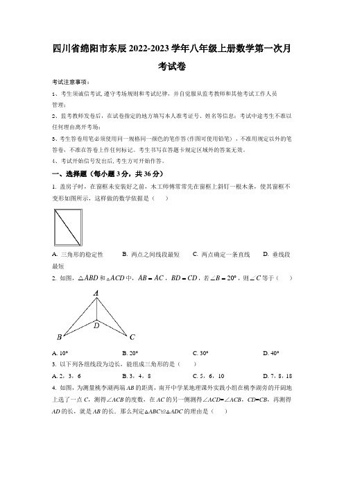 四川省绵阳市绵阳东辰国际学校2022-2023学年八年级上学期10月月考数学试题(含解析)