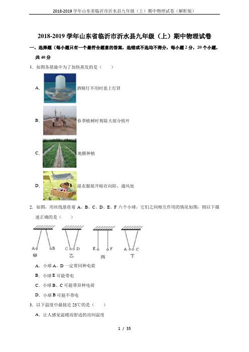 2018-2019学年山东省临沂市沂水县九年级(上)期中物理试卷(解析版)