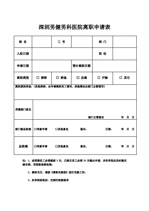 深圳男健男科医院离职申请表