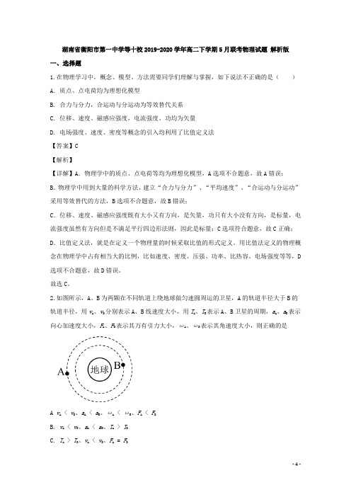 2019-2020学年湖南省衡阳市第一中学等十校高二下学期5月联考物理试题 解析版