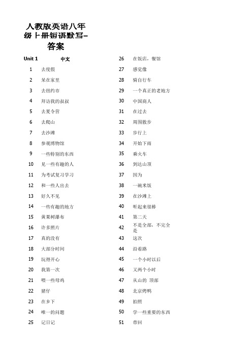 人教版英语八年级上册短语默写--英译汉(合订版)