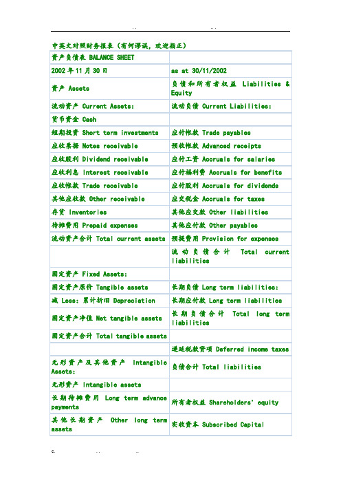 中英文对照财务报表常用单词