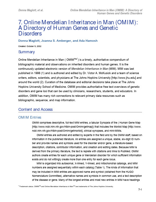 ch7.Online Mendelian Inheritance in Man (OMIM)  A Directory of Human Genes and Genetic Disorders