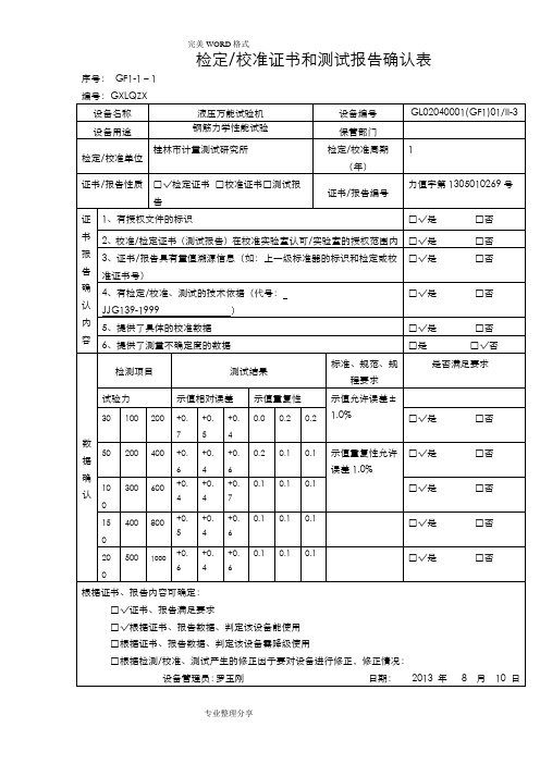 试验室仪器设备检定校准证书和测试报告确认表[公司范本]