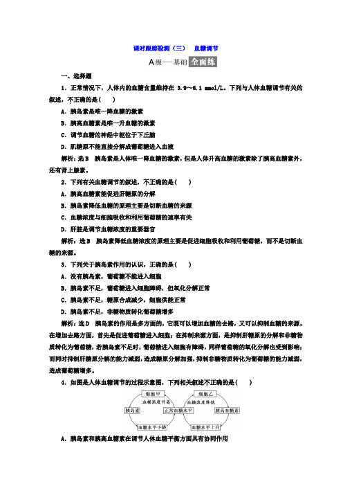 2017-2018学年高中生物苏教版必修3习题：课时跟踪检测(三) 血糖调节 Word版含答案