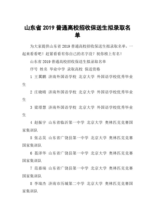 山东省2019普通高校招收保送生拟录取名单