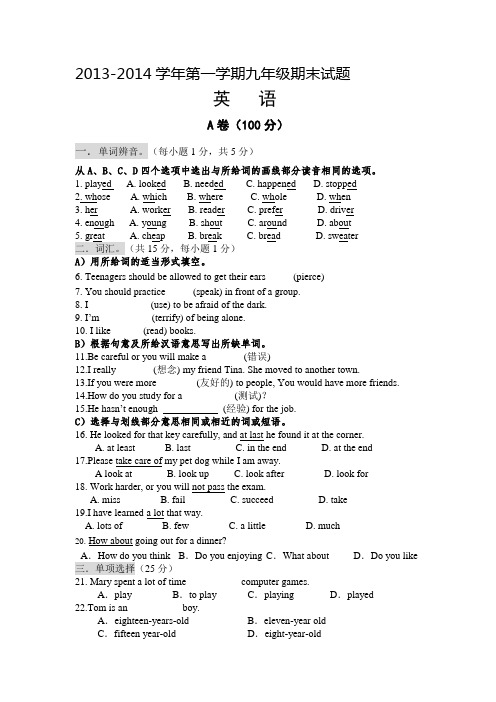 2013-2014学年第一学期九年级期末试题英语试卷