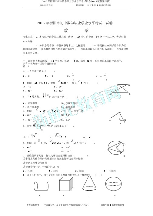 2013年衡阳市初中数学毕业学业水平考试试卷(word版答案扫描)