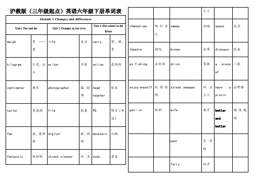 沪教版(三年级起点)英语六年级下册单词表