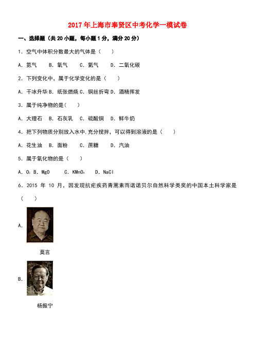 上海市奉贤区中考化学一模试卷(含解析)