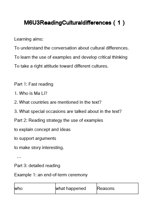 高中英语真题-M6U3ReadingCulturaldifferences(1)