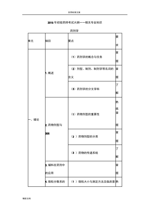 2015卫生资格药学初级师考试大纲——相关专业地的知识