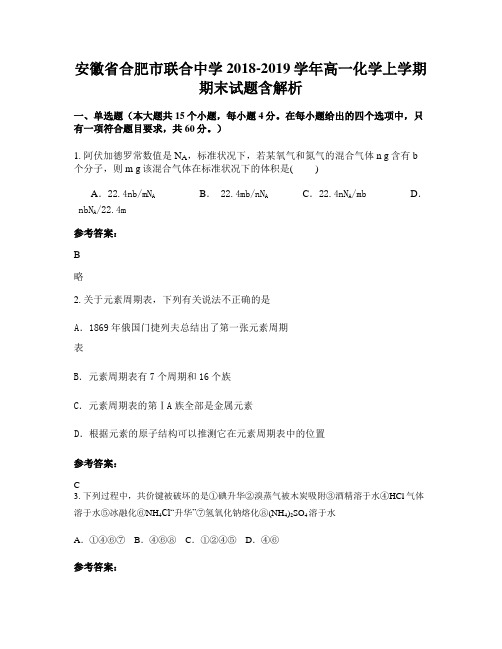 安徽省合肥市联合中学2018-2019学年高一化学上学期期末试题含解析