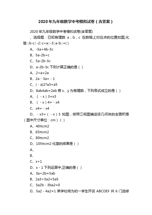 2020年九年级数学中考模拟试卷（含答案）