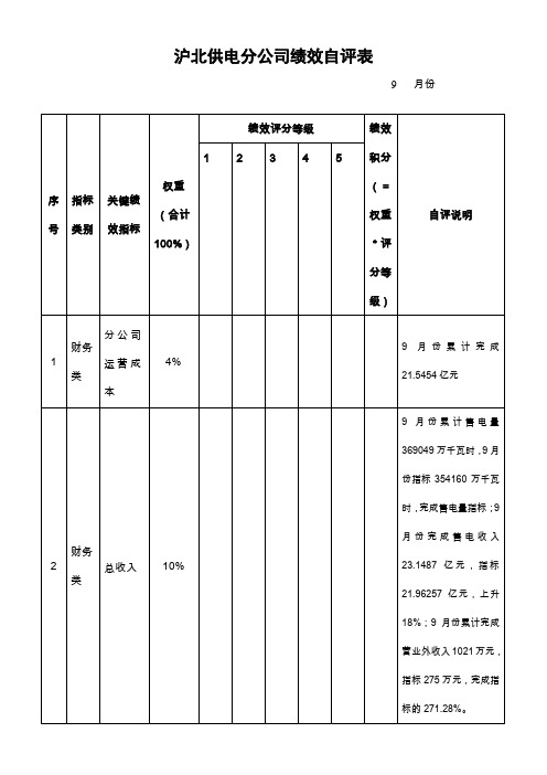 沪北供电分公司绩效自评表