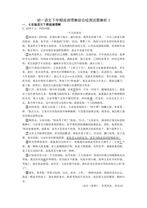 初一语文下学期阅读理解综合检测试题解析1