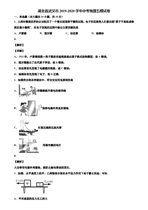 湖北省武汉市2019-2020学年中考物理五模试卷含解析