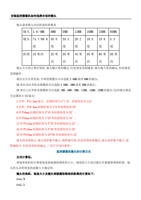 镜头毫米数与对应距离的参数表