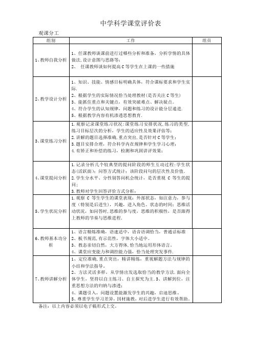 中学科学课堂评价表