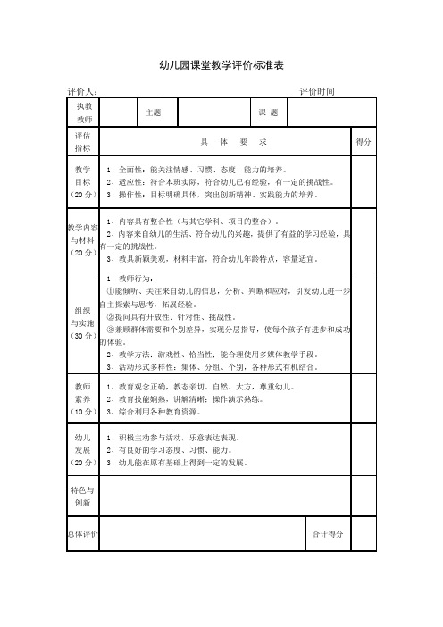 幼儿园课堂教学评价标准表(新范本)