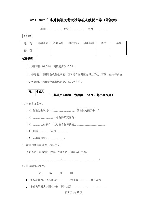 2019-2020年小升初语文考试试卷新人教版C卷 (附答案)