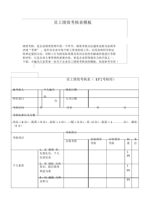 员工绩效考核表模板