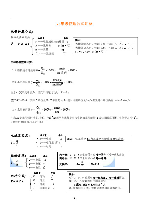 沪科版九年级物理公式总结