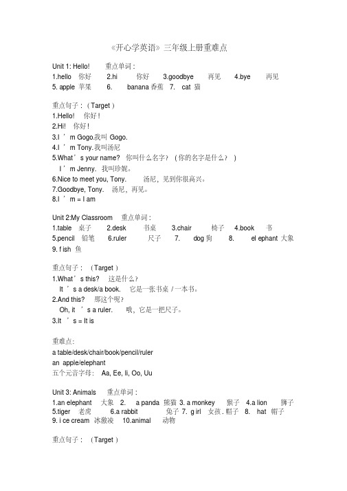 修订版《开心学英语》三年级上册重难点