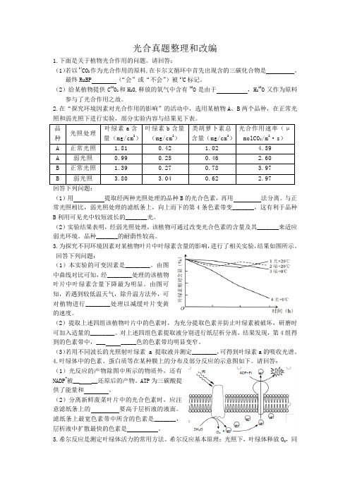 高中生物精品试题：光合真题整理和改编试卷