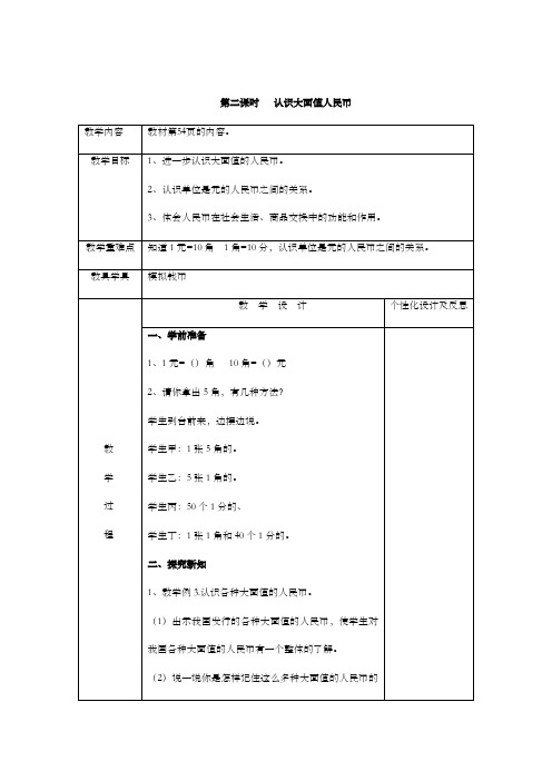 人教版一年级数学下册教案 认识大面值人民币