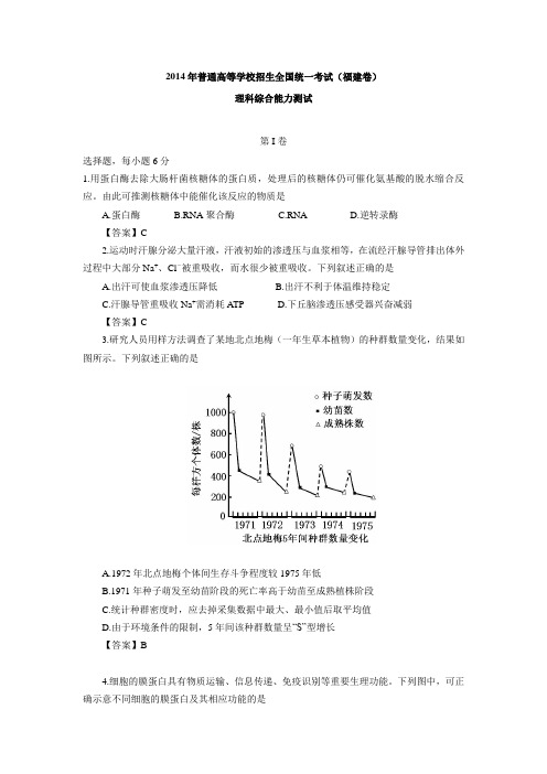 2014年高考理综福建卷解析版