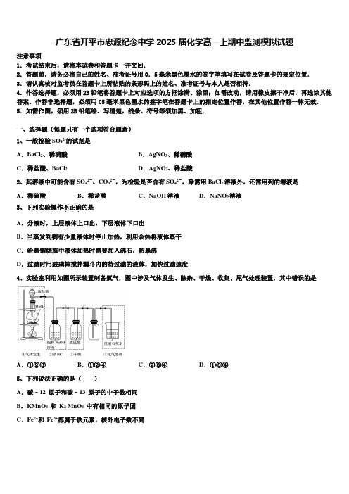 广东省开平市忠源纪念中学2025届化学高一上期中监测模拟试题含解析